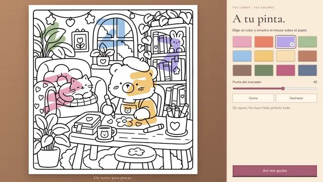 Lámina de un osito y un gato en un rincón con libros, pintada en amarillo, rosado, celeste y lila, junto a la paleta de colores.