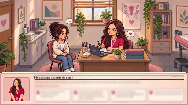 Dos personajes conversan en un escritorio; abajo, un cuestionario con cuatro alternativas.