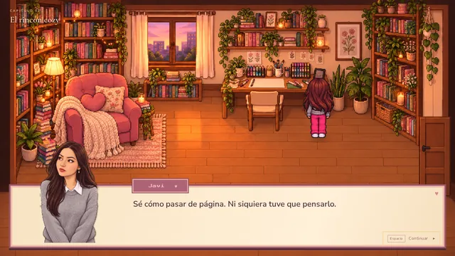 Rincón de lectura con sillón rosado y estantes; abajo, el retrato de la protagonista en un cuadro de diálogo.