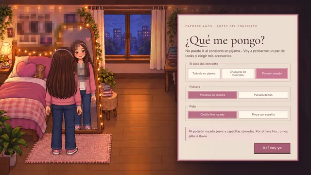 La misma adolescente frente al espejo, ahora con polerón rosado y jeans.
